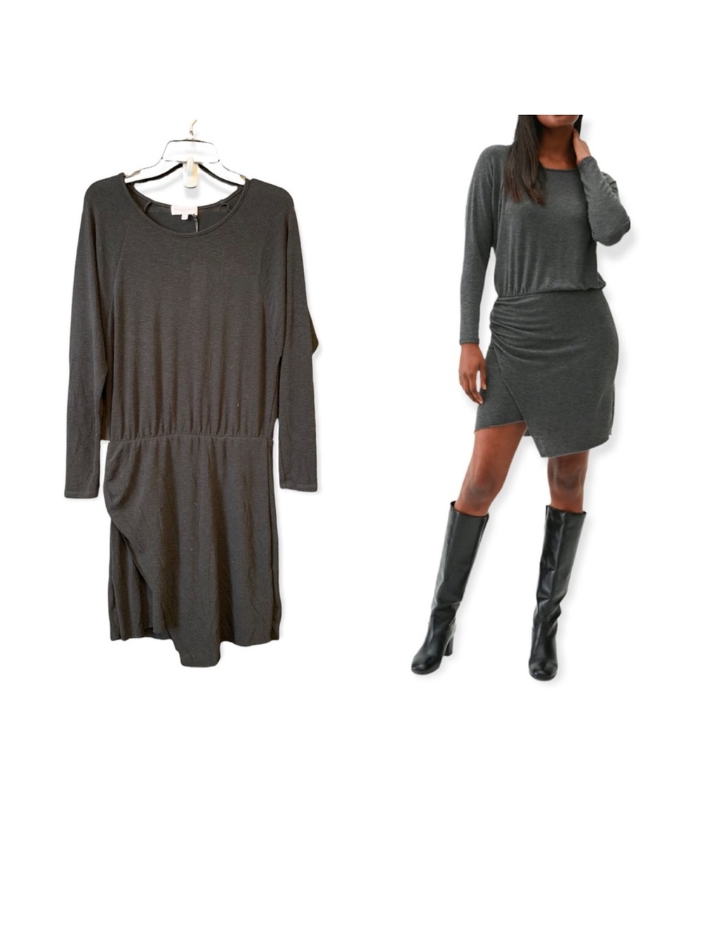 Michael Stars Hally Ruched Side Wrap Mini Long Sleeve Dress in Black